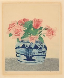 中国の装飾が施された生姜の瓶に入ったピンクのバラ 作： Frans Everbag (signed by artist)