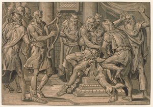 1555年、ソールの前でハープを弾くデビッド。 作： Frans Floris