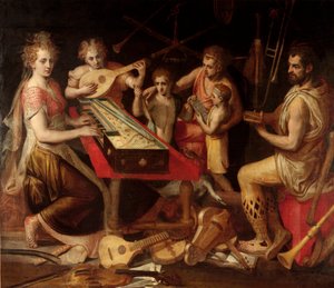 Music Characters vetusは、楽器の古代的な環境がアレゴリーを構成しています。フランツ・フローリス（1515-1570）による絵画 16世紀 ゲネス、個人蔵 作： Frans Floris