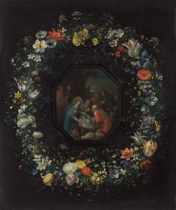羊飼いの崇拝を持つ花のガーランド、c。 16251630 作： Frans Francken II