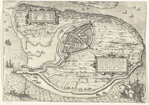 カールト・ヴァン・ヘット・アイランド フォルネ・エン・プラッテグロンド・ヴァン・ブリーレ、1572年 ブリリウム、オランダ opp. 救いの西暦72年の勝利の年に起こったオランダの内戦のために 4月の暑さで、彼はここで有名になりました（オブジェクトのタイトル） 作： Frans Hogenberg