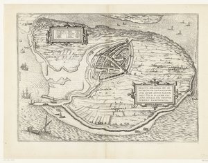 カールト・ヴァン・ヘット・アイランド フォルネ・エン・プラッテグロンド・ヴァン・ブリーレ、1572年 ブリリウム、オランダ opp. 救いの西暦72年の勝利の年に起こったオランダの内戦のために 4月の暑さで、彼はここで有名になりました（オブジェクトのタイトル） 作： Frans Hogenberg