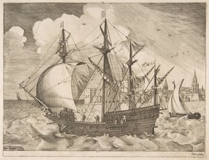 武装した4人のマスターが帆船から海に出す1555-56。 作： Frans Huys
