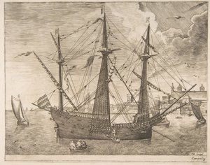 3人の武装した武装した帆船からの都市近くのアンカー。 1555-56。 作： Frans Huys