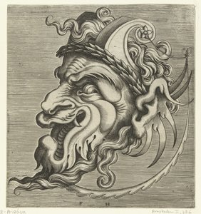 2 つの渦巻き状の角と月桂樹の花輪を持つ横顔の仮面 Pourtraicture ingenious de plusieurs facons de masques… (シリーズタイトル) 作： Frans Huys