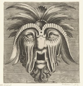 ぶら下がって開いた歯のない口、垂れ下がった頬と頭頂部のマスク Pourtraicture ingenious de plusieurs facons de masques… (シリーズタイトル)