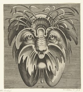 たるんだ頬と口ひげのあるマスク、髪には草 Pourtraicture ingenious de plusieurs facons de masques… (シリーズタイトル) 作： Frans Huys