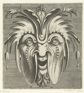 垂れ下がった頬とベリーの房が髪に付いたマスク Pourtraicture ingenious de plusieurs facons de masques… (シリーズタイトル) 作： Frans Huys