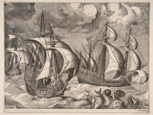1561〜65年の帆船のイルカに乗った、アリオンと一緒に上昇するスコールの3つのカラベル。 作： Frans Huys