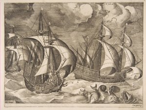 1561〜65年の帆船のイルカに乗った、アリオンと一緒に上昇するスコールの3つのカラベル。 作： Frans Huys