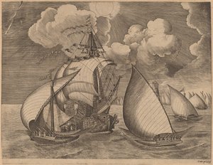 カラベルに護衛されたガレー船の艦隊 作： Frans Huys after Pieter Bruegel the Elder