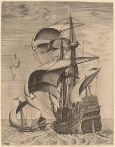 外洋の武装スリーマスター、ガレー船を伴って 作： Frans Huys after Pieter Bruegel the Elder