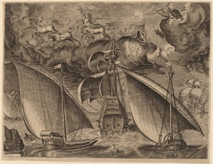 空にファエトンとジュピターがいる武装したスリーマスターの後ろにある 2 つのガレー船 作： Frans Huys after Pieter Bruegel the Elder