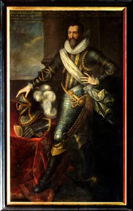 サリー公爵マクシミリアン・ド・ベスーン（1559-1641）の砲術の大家としての肖像。ポルブス・フランツ2世・ル・ジューン（Frans or Francois Porbus）による絵画 作： Frans II Pourbus