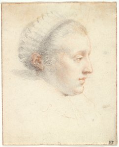 女性の横顔の肖像（紙にガッシュを塗った黒と赤のチョーク） 作： Frans II Pourbus