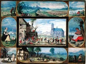 寓意に満ちた10の町と田舎の生活シーンの合成（ベラムに金のタッチが入ったガッシュ） 作： Frans II the Younger Francken