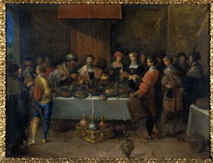 テーブルでのダモクレス、1620年以前（銅に油彩） 作： Frans II the Younger Francken
