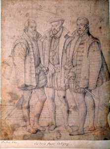 3人のコリニーの肖像。オデ枢機卿（1515-1571）、ガスパール（1517-1572）、フランス提督、フランソワ（1521-1569）、アンデロー領主。フランソワ(フランツ)・プールブス・ラ・エイヌ(1545-1581)の作とされるデッサン(ec.flam.) 16世紀 パリ、B.N.