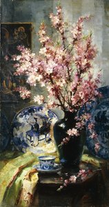 テーブルの上のリンゴの花と青と白の磁器 作： Frans Mortelmans