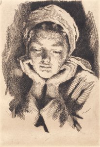 帽子をかぶった若い女性、顔を上げ、手で頭を支えている。 バスト画像 作： Frans Schwartz
