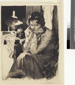 ランプのそばで両手で頭を支えている少女 作： Frans Schwartz