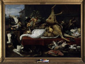 ゲーム、魚、果物、野菜の静物（キャンバスに油彩） 作： Frans Snyders