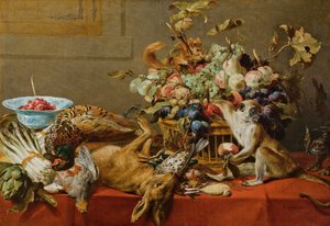 果物、死んだ獲物、野菜、生きた猿、リス、猫のある静物 作： フランス・スナイデルス