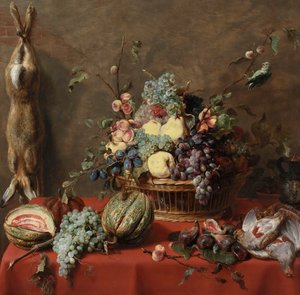フルーツと死んだウサギの静物画 作： フランス・スナイデルス