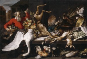 市場での死んだゲーム、果物、野菜のある静物、1614