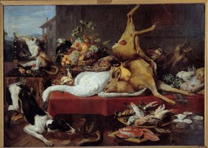 鹿のいる静物 狩猟（キジ、ガチョウ、鹿）、魚の切り身、カニ、豆類 フランス・スナイダーズ（1579-1657）の絵