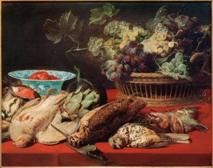 静物-ぶどう・小鳥・いちごの入ったバスケット 作： Frans Snyders