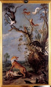 ネコとキツネ ジャン・ド・ラ・フォンテーヌの寓話の挿絵。フランス・スナイダーズ（1579-1657）による絵画（ec.flam.） 17世紀 マドリード、プラド美術館 作： Frans Snyders