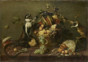 フルーツバスケットを物色する2匹の猿 作： フランス・スナイデルス