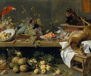 果物、野菜、死んだゲームのある静物、1635 作： Frans Snyders or Snijders