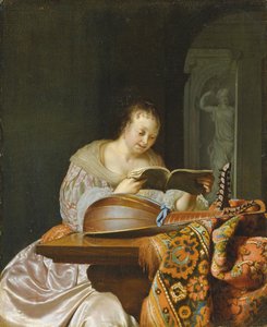 両頭リュートを備えた部分的に覆われたテーブルで音楽を読む女性がいるインテリア、1671 作： Frans van Mieris