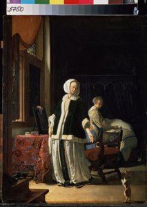 若い女性の朝。 （お嬢様の朝）。 女性とメイドが犬の毛繕いを観察している。 Frans Mieris the ElderまたはThe Elder (1635-1681)として知られるFrans van Mieris de Oudereによる絵画、1660年頃。木に油彩。 オランダの芸術、ものもらい 作： Frans van Mieris