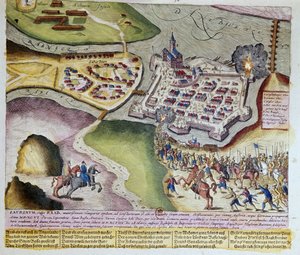 1598年3月28日、アドルフ・シュヴァルツェンベルクによるラーブの占領。1653年 フランツ・ホーゲンベルク（1535-1590）による版画。
