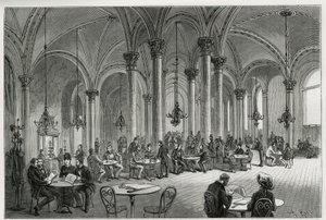 ウィーン（オーストリア）の中央カフェ。1881年にエドゥアール・シャルトン（1807-1890）の指揮のもと『Tour du monde』誌に掲載されたM.ニューリンスキ著の『Vienna and its suburbs』の挿絵としてコラールツが描いたもの。