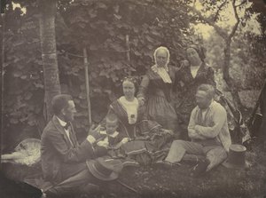 [ピクニックに出かける 3 人の女性、2 人の男性、1 人の子供]、1850 年代から 60 年代。 作： Franz Antoine