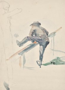 手すりを乗り越える男と裸の女の子の輪郭 作： Franz Barwig d. Ä.
