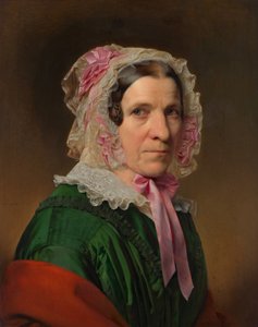 レースのボンネットとピンクのリボンを持つ年配の女性の肖像画 作： Franz Eybl