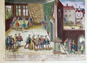 スペイン王フィリップ2世（1527-1598）に対抗したエグモント伯爵ラモラル（1522-1568）とホルネス伯爵フィリップ・ド・モンモランシー（1524-1568）が逮捕される。彼らは1568年に処刑された（右上） 1653年 Fによるプリント 作： Franz Hogenberg