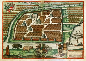 モスクワ (ロシア) の地図 - Frans Hogenberg (1535-1590) の作品、Civites orbis terrarium から抽出された彫刻と水彩画 作： Franz Hogenberg