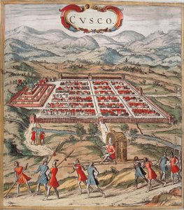 インカ文明の中心地クスコ（現在のペルー）BraunとHogenbergの "Civitatis Orbis Terranum "からのイメージ。 作： Franz Hogenberg