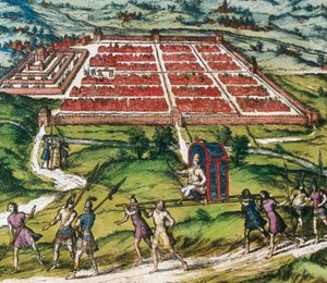 インカ文明の中心地クスコ（現在のペルー）BraunとHogenbergの "Civitatis Orbis Terranum "からのイメージ。 作： Franz Hogenberg