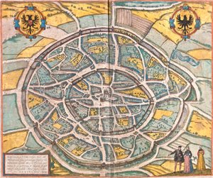 ドイツ・アーヘン(Aquisgranum)の地図(エッチング) 作： Franz Hogenberg