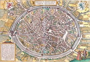 ベルギー、ブルージュ（ブルガエ）の地図（エッチング 作： Franz Hogenberg