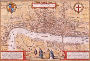 ロンドン市の地図、サザークとウェストミンスターの一部、1572 年 作： Franz Hogenberg
