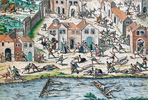 フランス宗教戦争の一場面 フランツ・ホーゲンベルク（1535-1590）のエングレーヴィング フランス 作： Franz Hogenberg