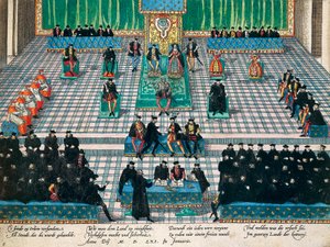 1561年1月、オルレアンでの州知事会議、フランツ・ホーゲンベルク（1535-1590）による彫刻、フランス 作： Franz Hogenberg